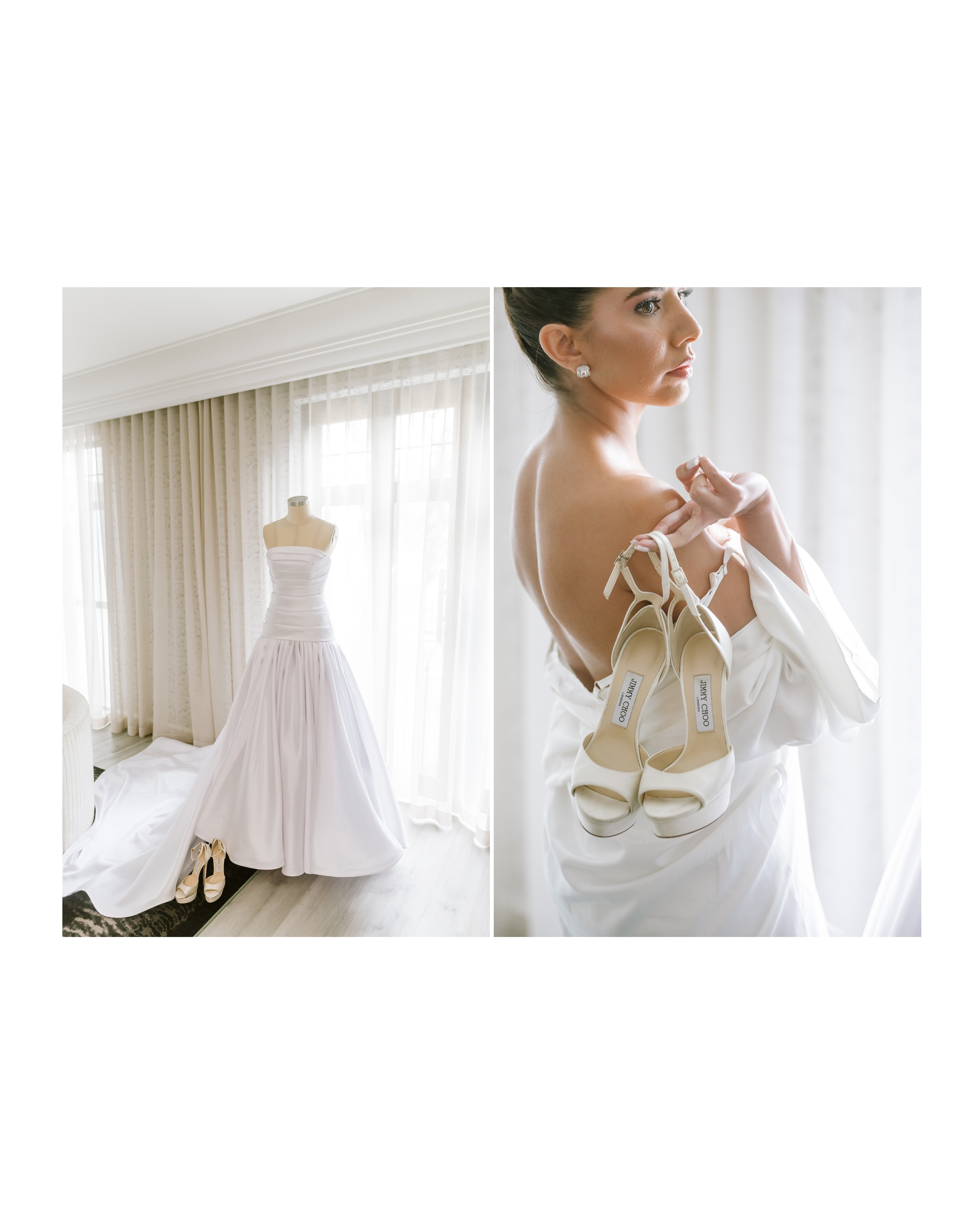 A bride holds her white Jimmy Choo wedding heels near a classic strapless bridal gown